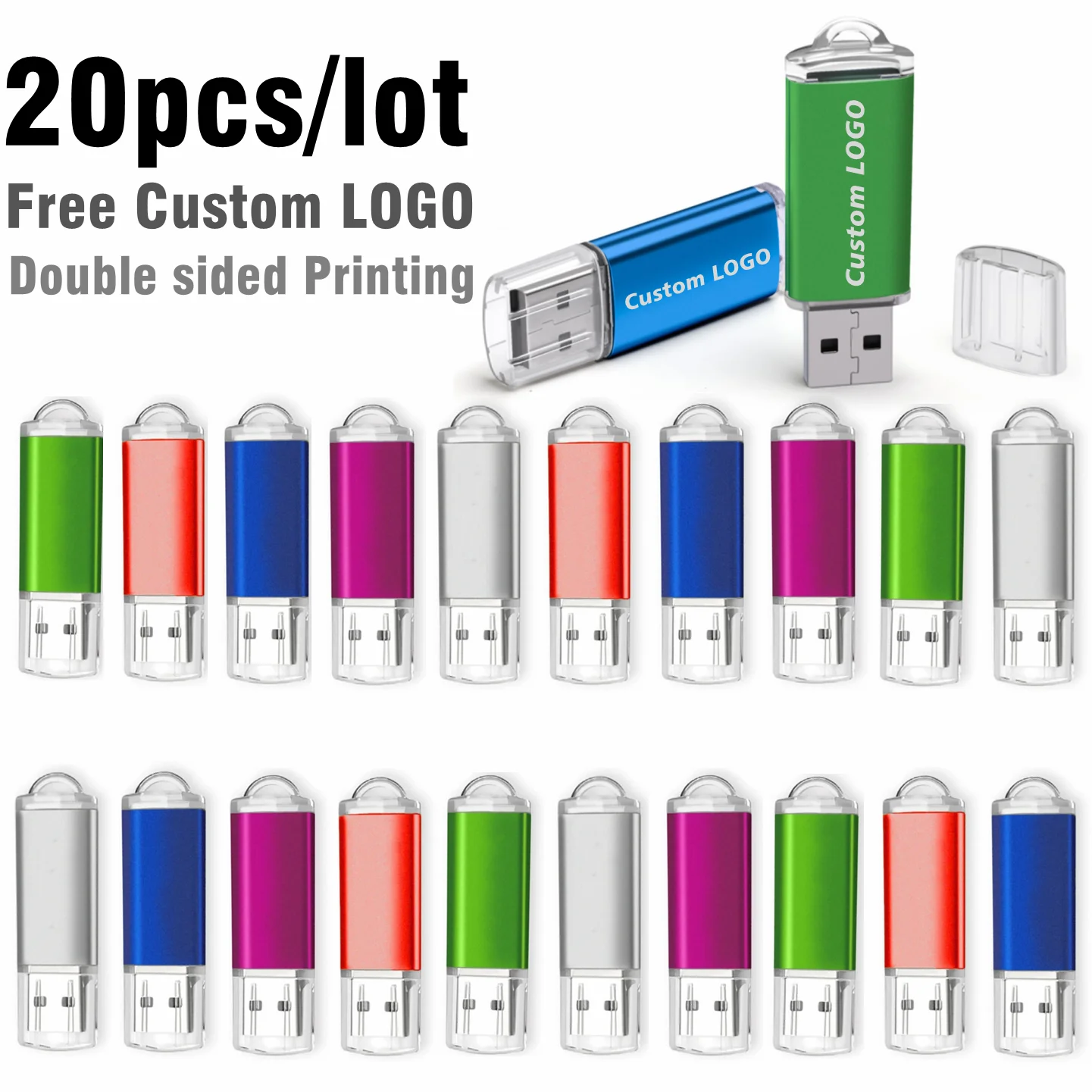 20 шт./лот, цветной металлический флэш-накопитель USB2.0, 4 ГБ, 8 ГБ, 16 ГБ, 32 ГБ, 64 ГБ, 128 ГБ, бесплатная цветная печать логотипа на заказ