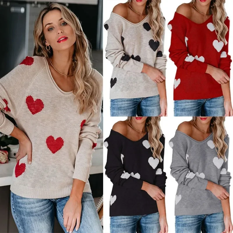 2024 New Loose Top Love Valentine's Day V-neck Knitwear European and American Pullover Sweater for Women SFC6-3