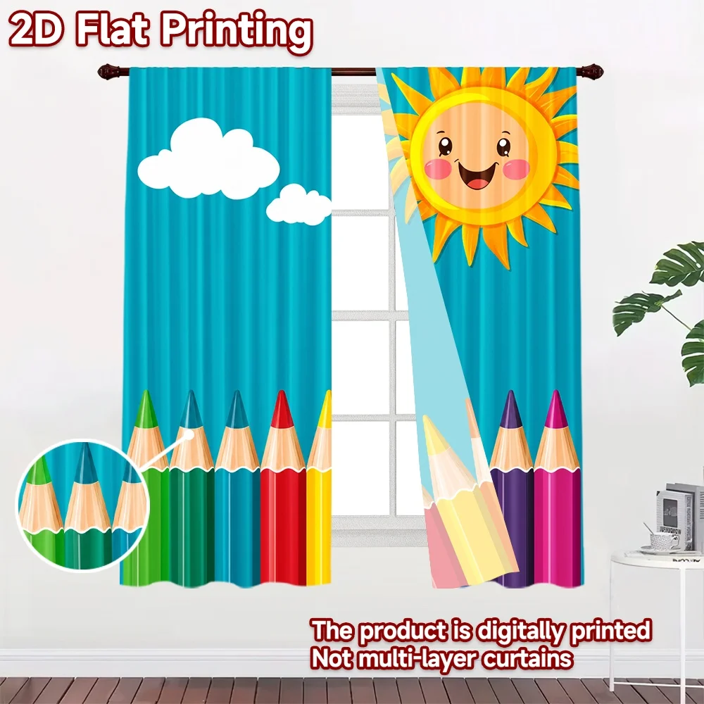 2D flat 2pcs Curtain Retro Country Style Curtains Sunny Sky Colored Pencils Digitally printed polyester, colorfast Party &
