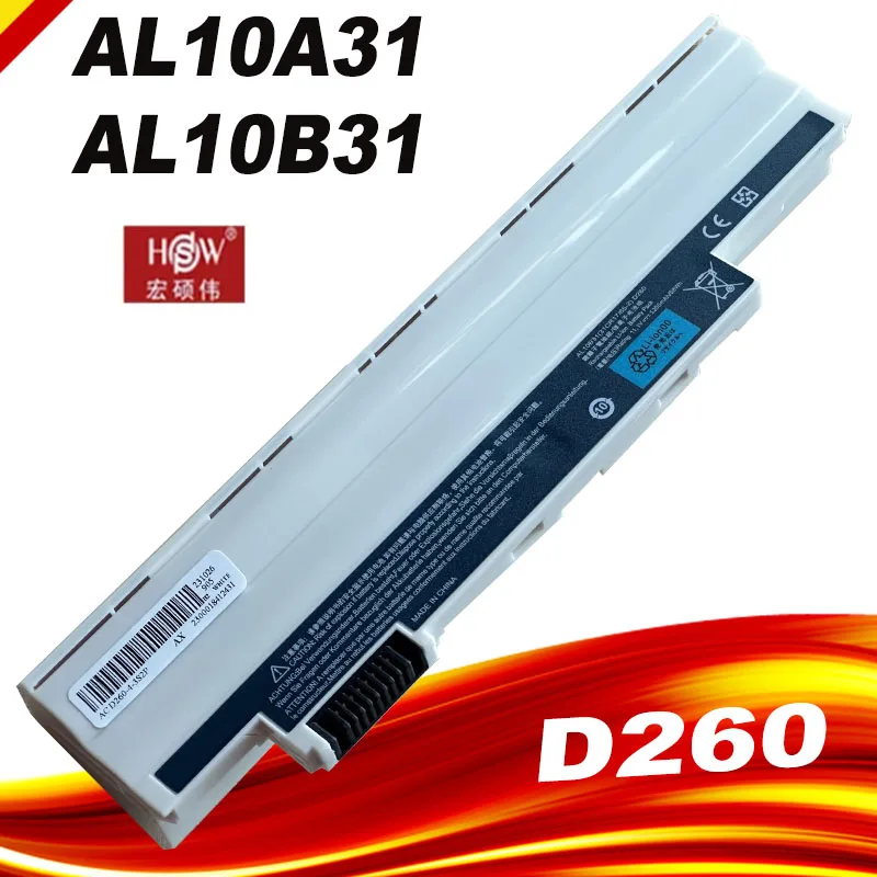 

White Laptop battery for Acer Aspire One 722 AO722 D255 D257 D257E AL10A31 AL10G31 Netbook D260 D270 Happy, Chrome AC700 AL10B31