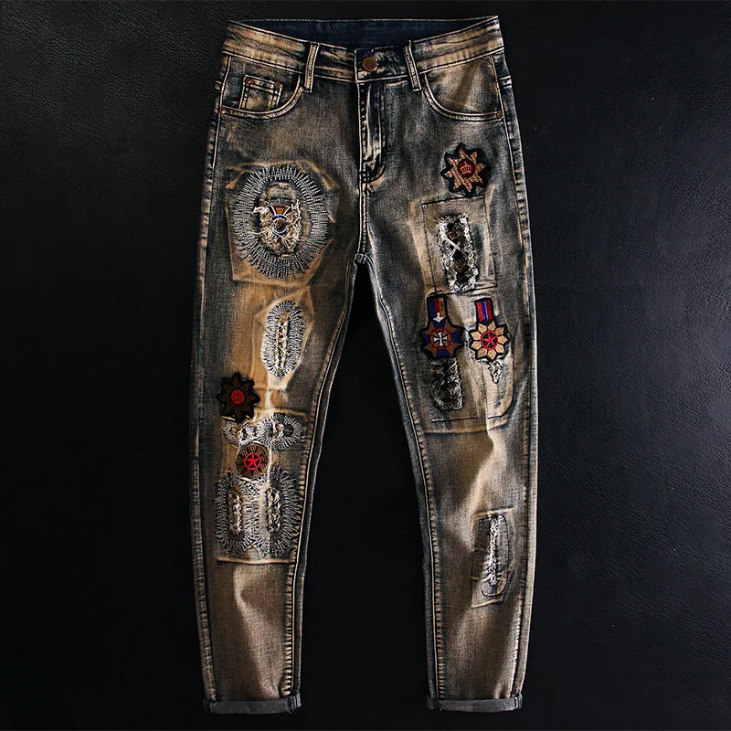 

Ripped Patch Embroidered Floral Jeans for Men, Vintage Distressed Slim Fit Straight Elastic Street Style Trendy Long Pants