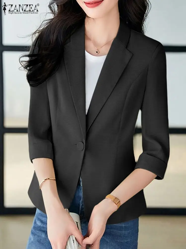 ZANZEA Korean Fashion Waffle Casual Blazer Notched Lapel Office Lady Women Elegant Suits Fall 2024 3/4 Sleeve Thin Suit Jackets