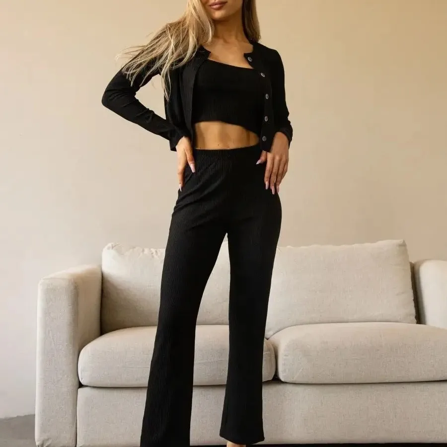 Three Piece Women's Loungewear Set Kentucky Strips Knitted Pajamas Tops Trousers for Comfortable Outdoor Wear XL Size Black