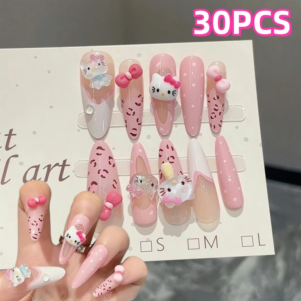 30 Uds. De uñas postizas Kawaii Sanrio Hello Kitty Y2K, parches para uñas de almendra rosa dulce con lazo, dijes de gato para niñas, regalos para uñas