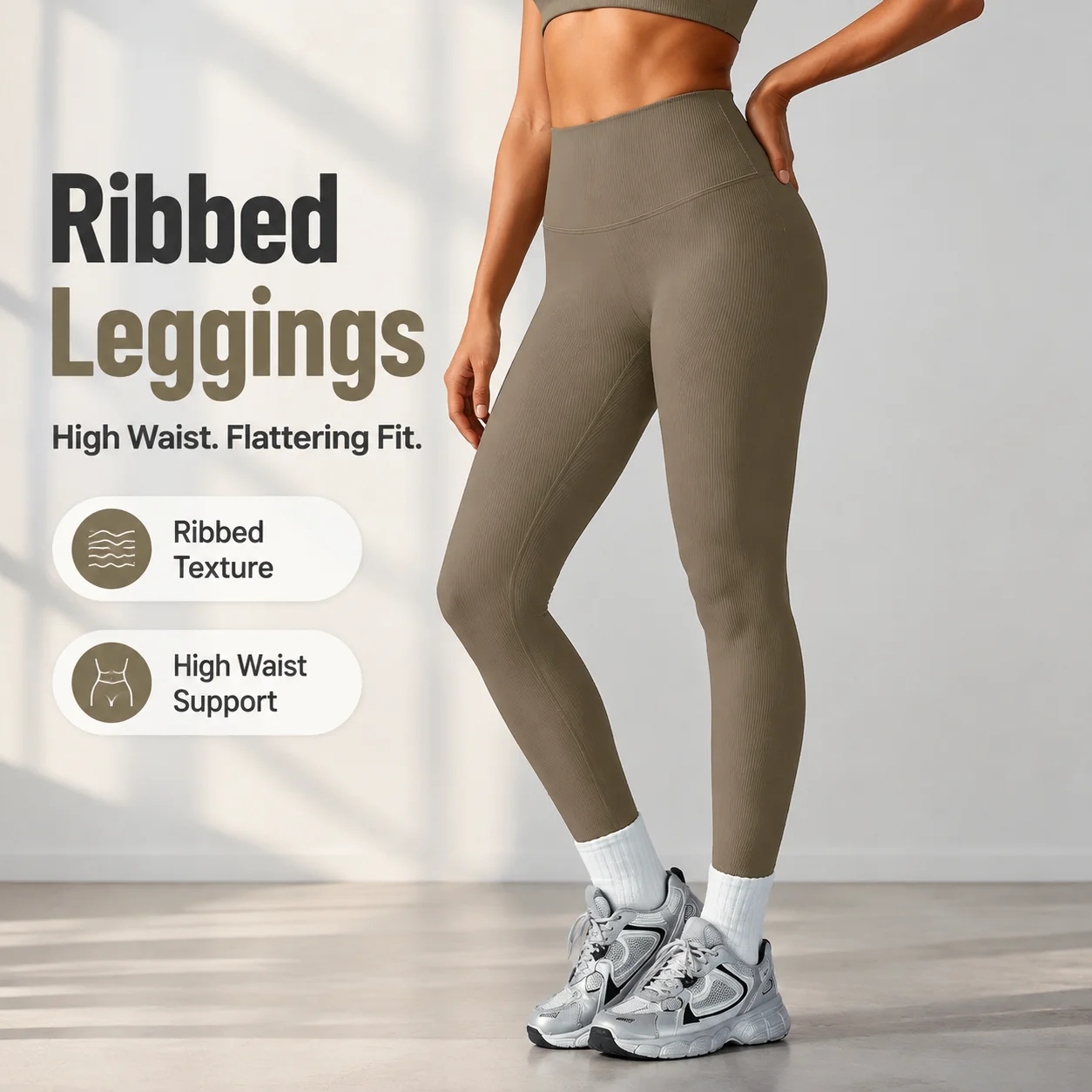 Women's Ribbed High Waist Workout Leggings, Full Coverage Waistband Tummy Control Yoga Pants, Stretchy Gym Tights