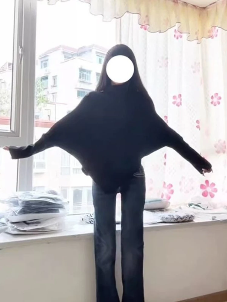 2000s Korean Turtleneck Batwing Sleeve Vintage Sweaters Y2k Pure Color Subculture Casual Long Sleeve Pullovers Sweaters Chic