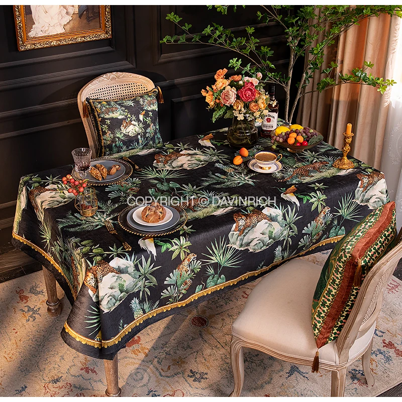 DAVINRICH Tropical Home Decor Table Cloth Cover Cheetah Leopard Print Luxury Chenille Tablecloth For Rectangular Dining Tables