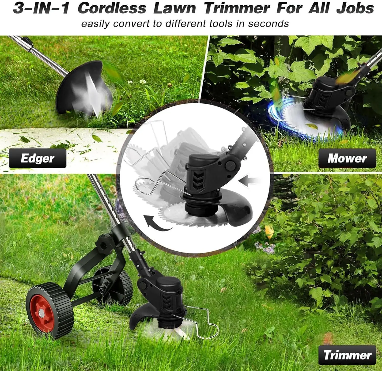 Weed Wacker Cordless String Trimmer Electric, Edger Lawn Grass Trimmer Handheld Weed Eater Brush Cutter 2 Battery Powered