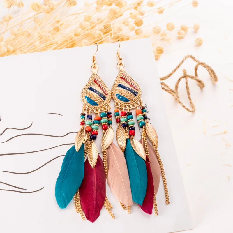 Ethnic Bohemian Long Tassel Chain Feather Earrings For Women Enamel Gold Color Geometric Drop Dangle Earrings Female Jewelry