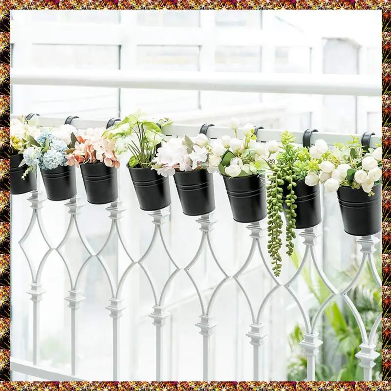 Maceta colgante, cubo de hierro y Metal, maceta para barandilla, soporte decorativo para flores de jardín, maceta colgante duradera (negro)