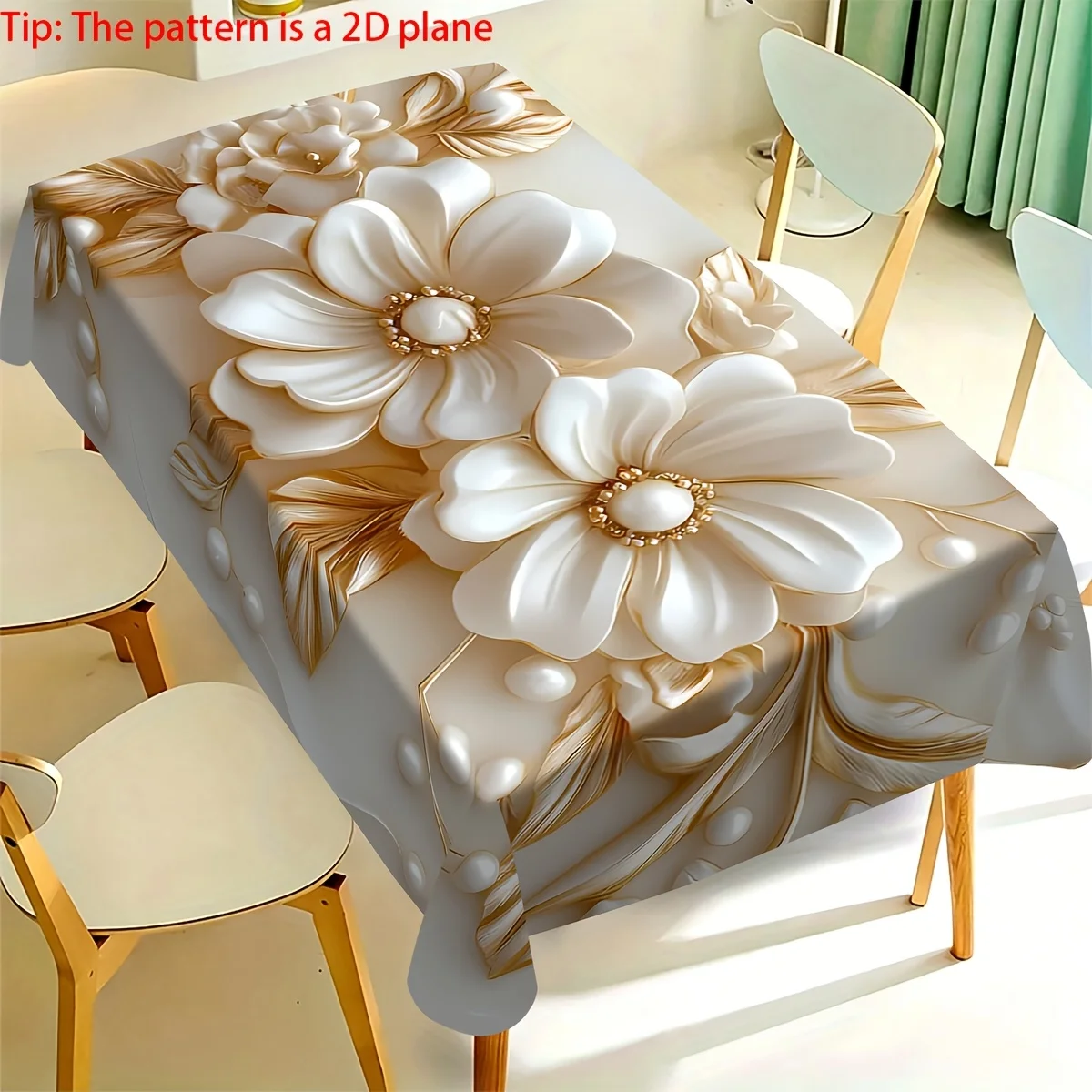 1pc White Pearl Flower Gold Leaf Tablecloth Waterproof Rectangular Table Cover Luxury Modern Dining Decor
