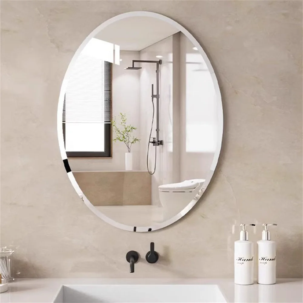 Wisfor Frameless Oval Wall Mirror Silver Beveled Edge Bathroom Vanity Mirror for Modern Home Decor, Fireplaces