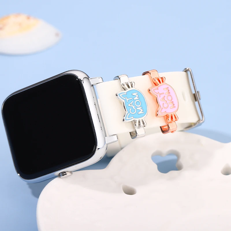 1ชิ้นสายซิลิโคนเสน่ห์สำหรับสายคาด Apple Watch น่ารักแมวแม่เครื่องประดับตกแต่งโลหะเล็บสำหรับ iWatch สร้อยข้อมือกีฬา