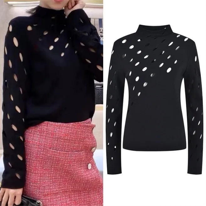 

High-End Version M Home Spring Summer New Bla Base irt Women's Slim Design Hollow out Knitted Top Faionable Long Sve
