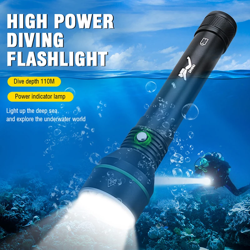 

2024 new P70.2 high brightness diving flashlight copper lighting tool, high-power 110 meter deep diving flashlight battery level