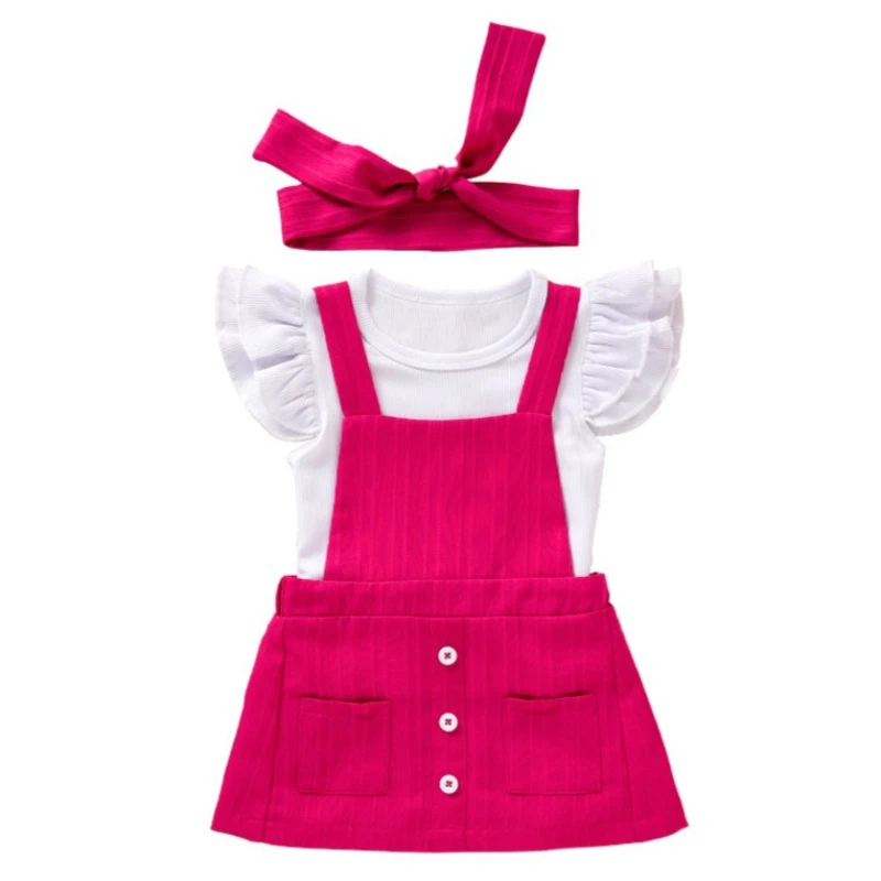 3Pcs Ribbed Flutter Sleeve Girls Outfit Set, top overall dress with headband, stylish all-match outdoor baby clothing gift