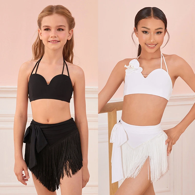 

2025 Girls Latin Dance Clothes Kids Cha Cha Dance Practice Training Dancewear Summer Latin Dress Tops Tassel Skirt