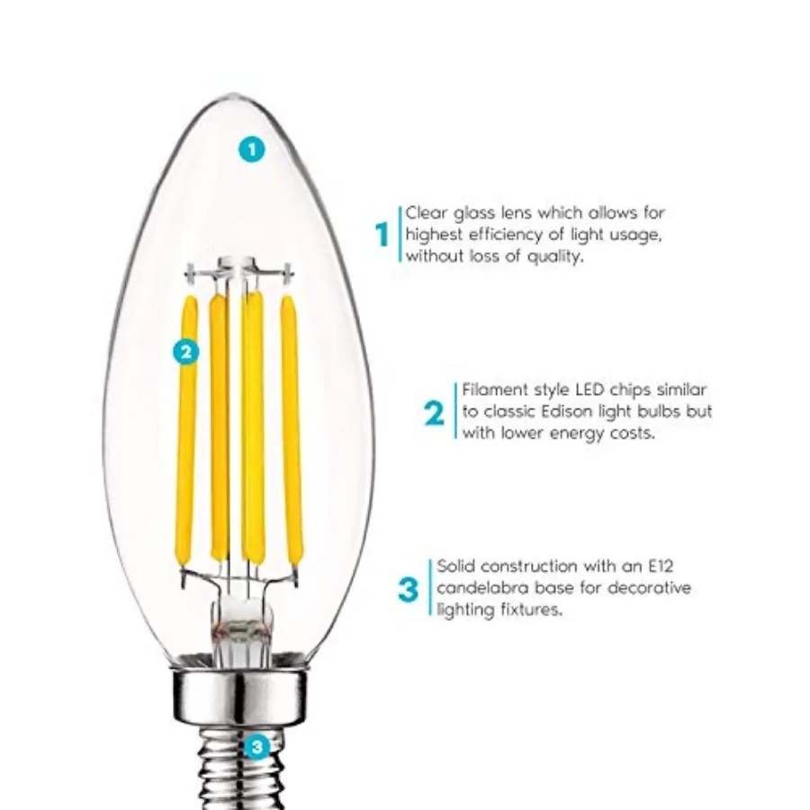 Vintage Candelabra LED Bulb 60W Equivalent, 550 Lumens, 4000K Cool White, LED Chandelier Light Bulbs 5W, Dimmable, Clear Glass