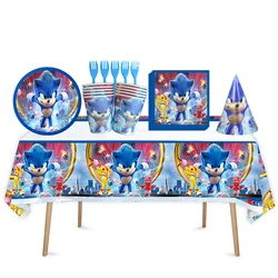 Cartoon Sonices Disposable Tableware Anime Party Decoration Boy Children's Birthday Paper Cup Tablecloth Baby Show Backdrop