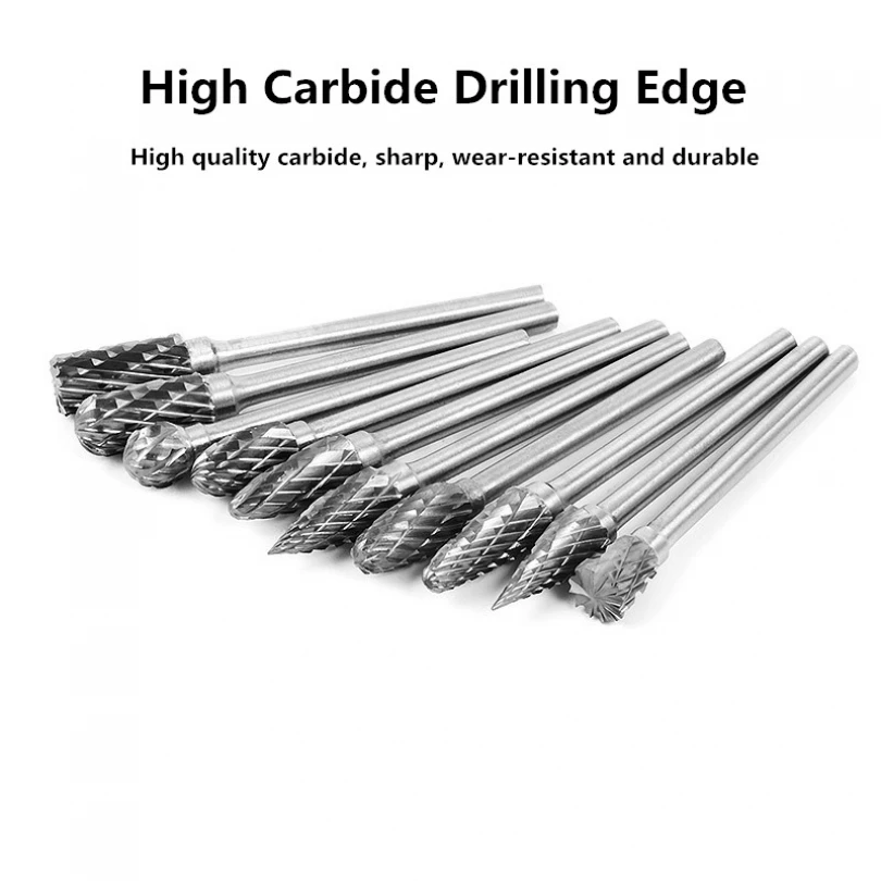 5-10Pcs Burrs Drill Bits Set Groove Grinding Head Cutter Tungsten Carbon Steel Double Slot Rotary Files For Wood Stone Carving