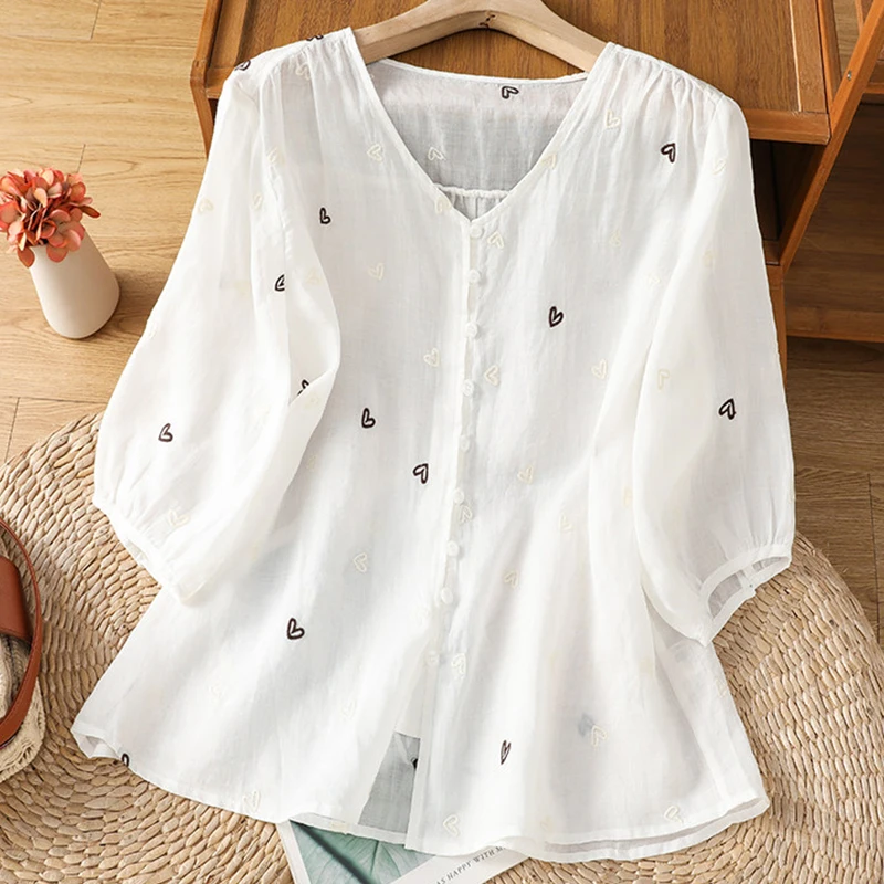 Heart Print Women' Shirt Summer Casual Cotton Linen Short Sleeve Embroidery Coats Single Breasted Commuter Temperament Tops