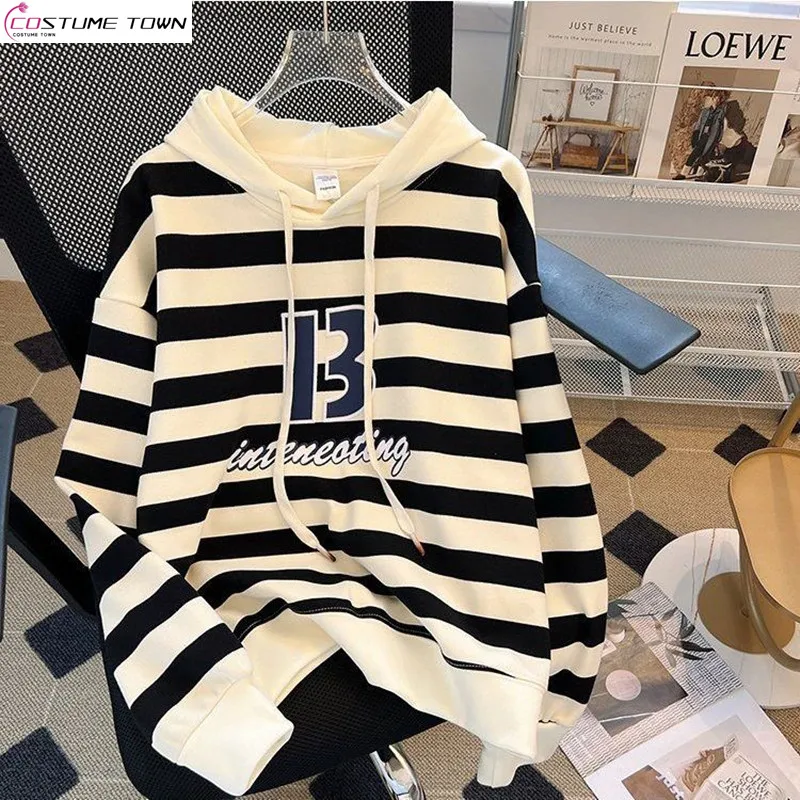 

Autumn new Korean plus size women's fashion striped top loose design hooded top