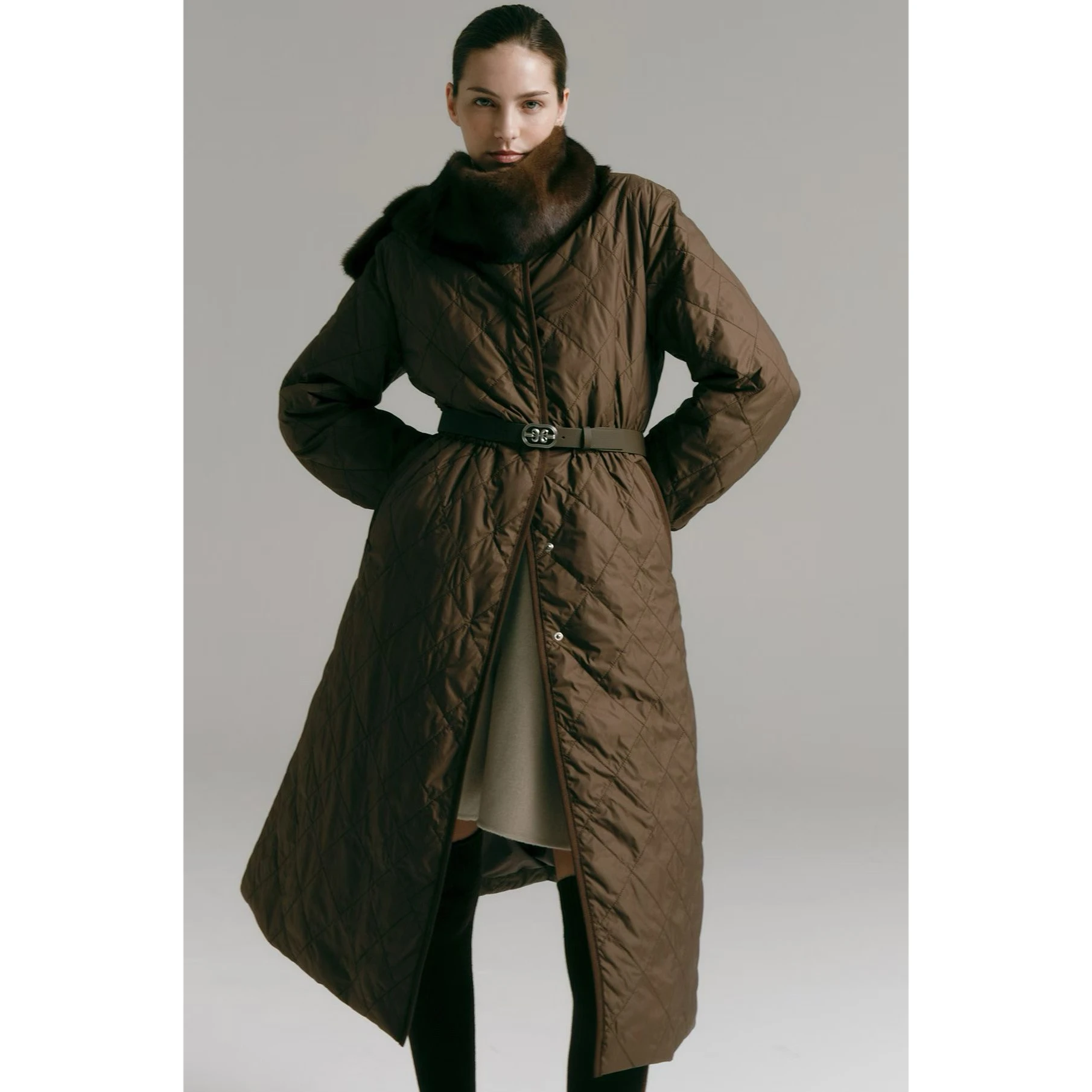 OBZ25 Herfst Lange Citroen Kaas Donsjas Met Riem Diamant Patroon Veelzijdige Rechte Cut Pendelen Sle Damesjas