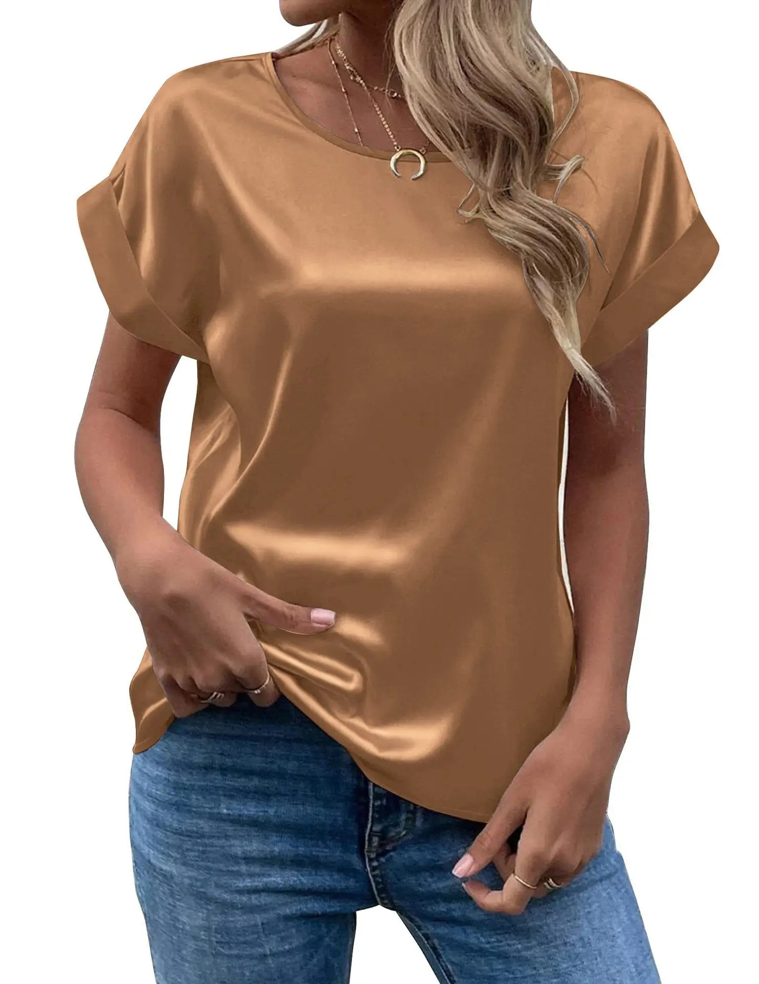 Elegant Women\'s Blouse Solid Tees 2023 Summer Lady Short Sleeve Satin Shirt Loose Casual Round Neck T-shirt Tops S-XXL