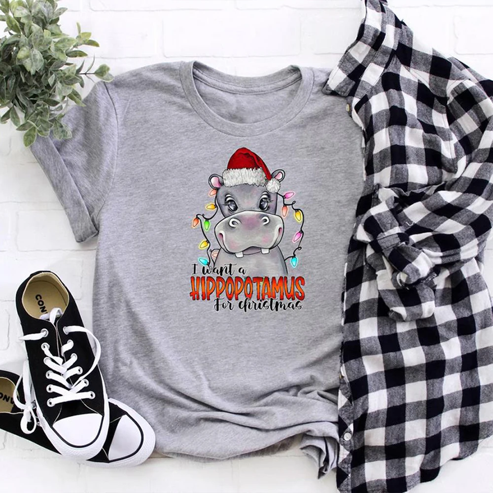 I Want A Hippopotamus for Christmas T-shirt Hippo Christmas Lights Shirt Xmas Party Shirts Family Christmas Top Cute Xmas Gift