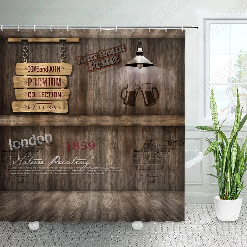 Vintage Wooden Board Shower Curtains Retro Brick Wall Street Lights Farm Barn Door Green Leaves Plant Fabric Home Bathroom Decor