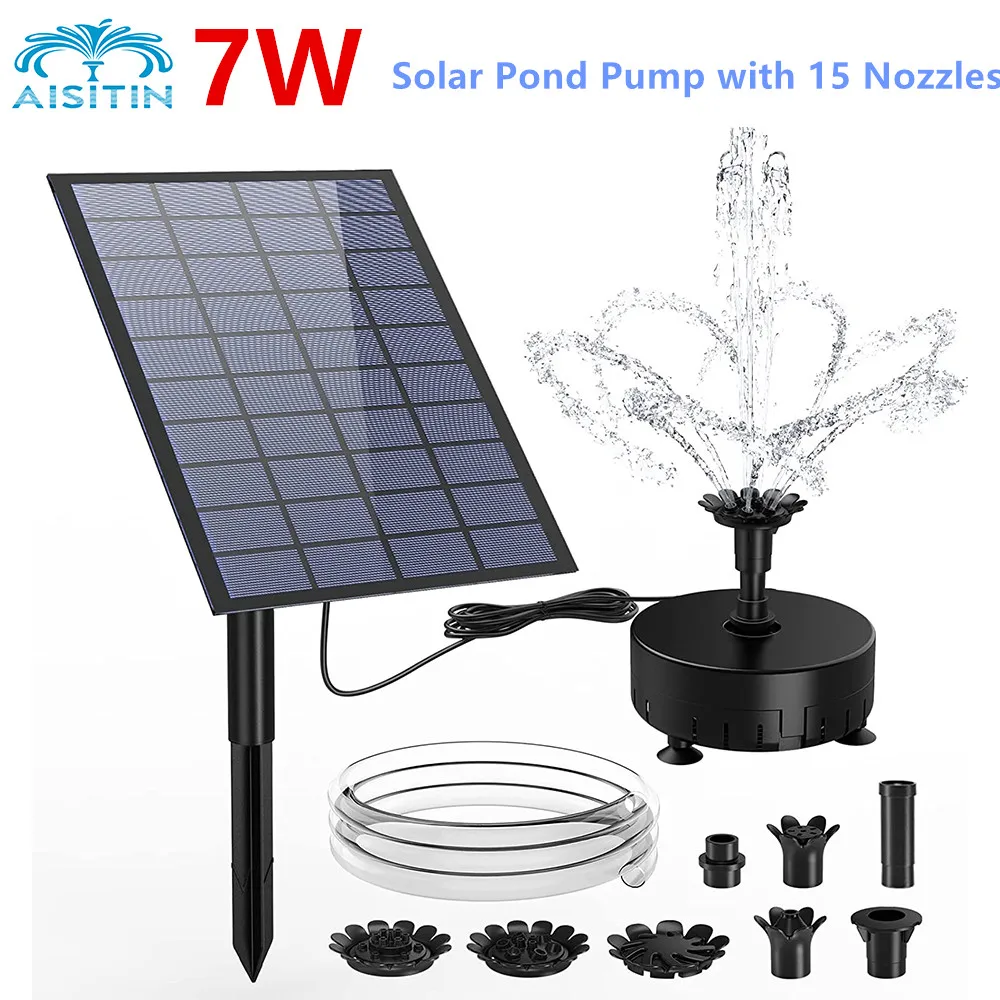 

AISITIN Solar Fountain Pump 7W Solar Pond Pump with 15 Nozzles 4.9ft Solar Water Pump Solar Floating Fountain Pump for Garden