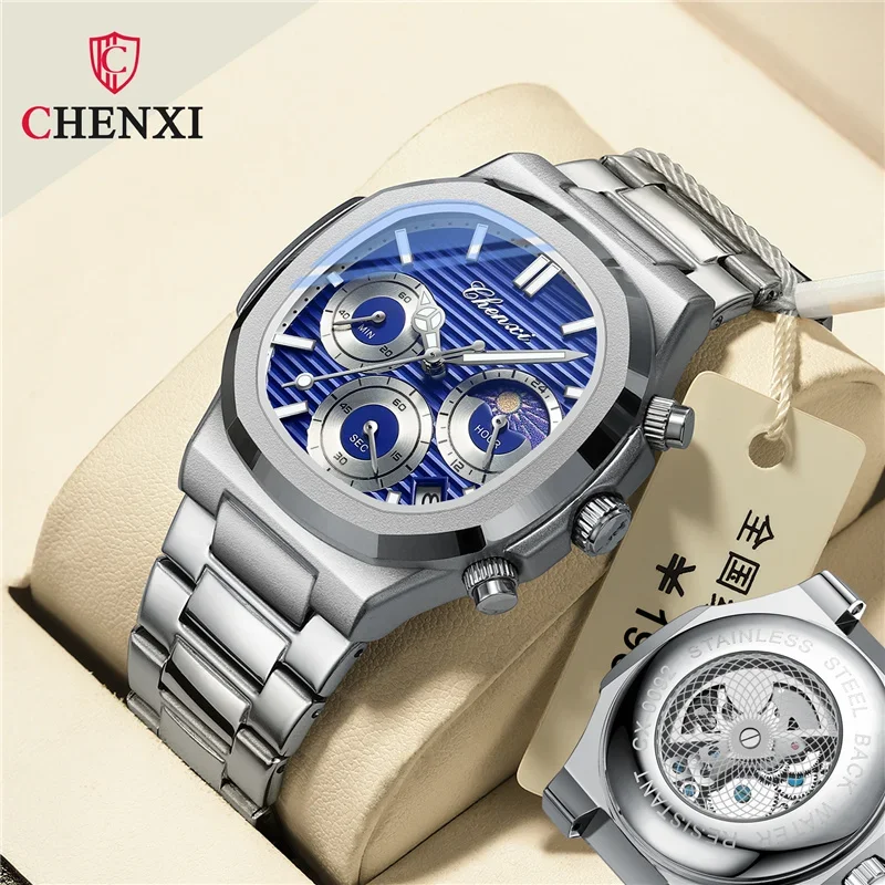 CHENXI 0092 mode montres à Quartz pour hommes créatif Phase de lune luxe cadran lumineux avec chronographe horloge mâle décontracté