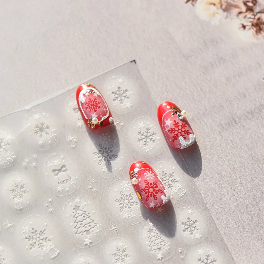 Winter White Translucent Snowflake Christmas 5D Soft Embossed Relief Self Adhesive Nail Art Decoration Sticker 3D Manicure Decal