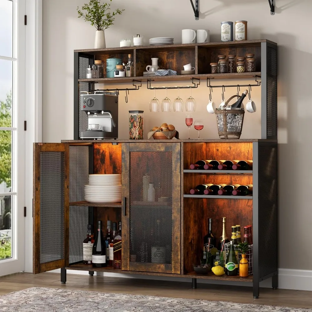 

Wine Bar Cabinet with LED Lights, Industrial Coffee Bar Cabinet with 3 Storage Compartments & Wine Rack &Glass Holder