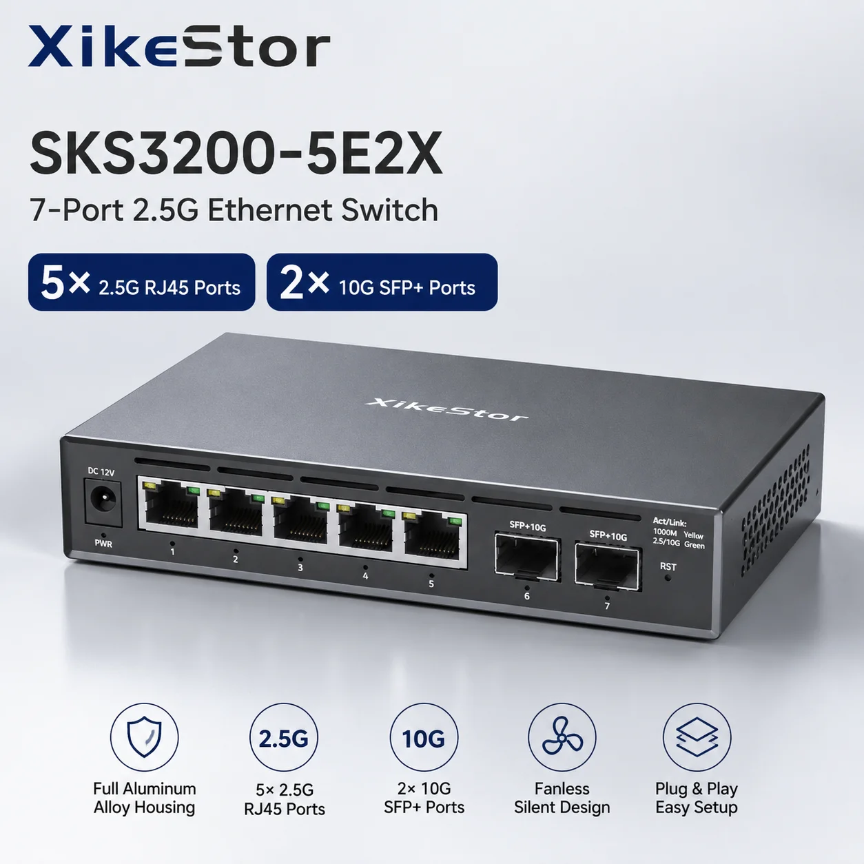 2.5G Ethernet Switch, 5 x 2.5G Ports + 2 x 10G SFP+ Uplink, Unmanaged Plug & Play Network Splitter, 2.5GbE for NAS, Router, Gami
