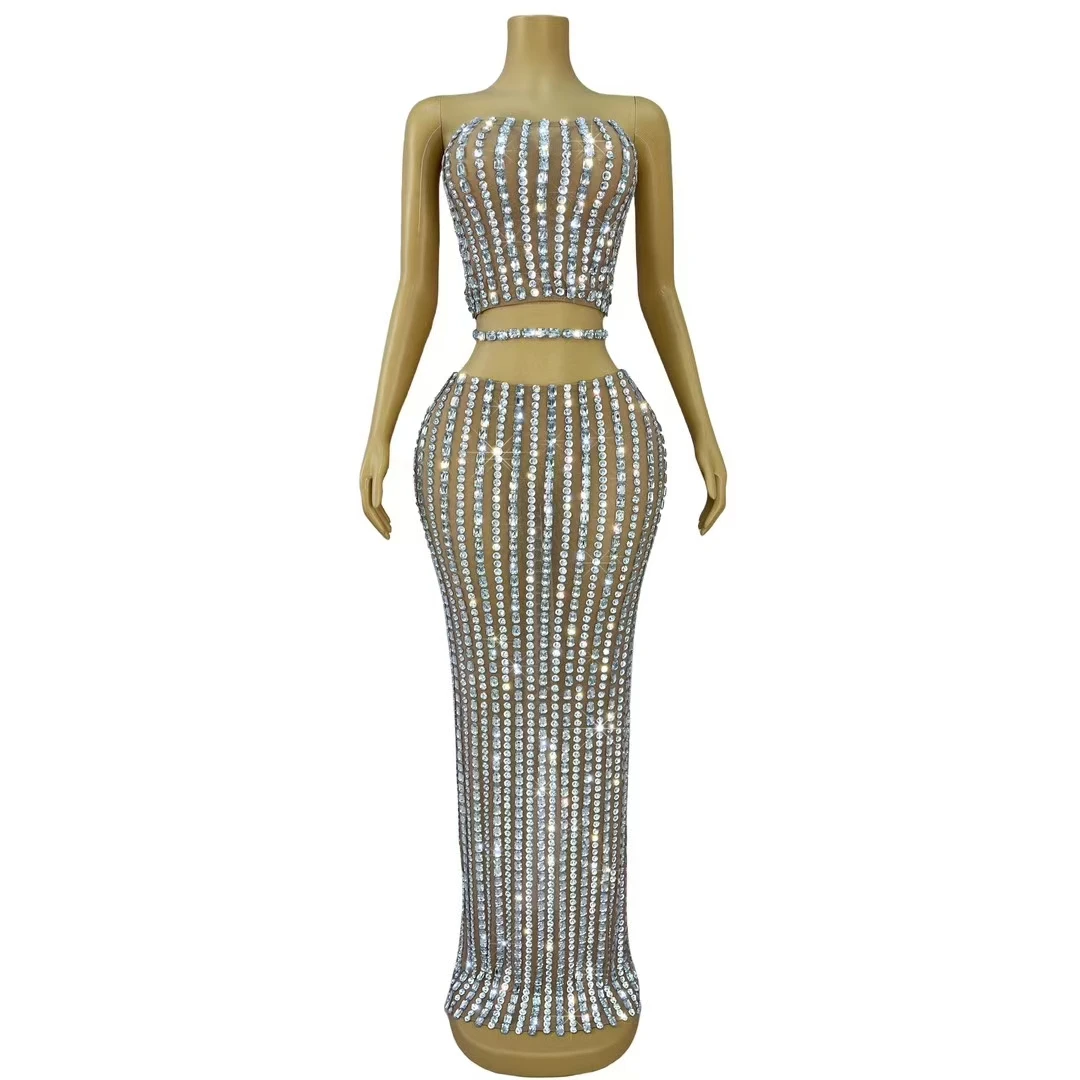 Sparkly Rhinestone High-end Dresses Shining Sheer Mesh Crop Tops Long Skirt 2Pieces Set Nightclub Gala Event Wear Pingxingxian