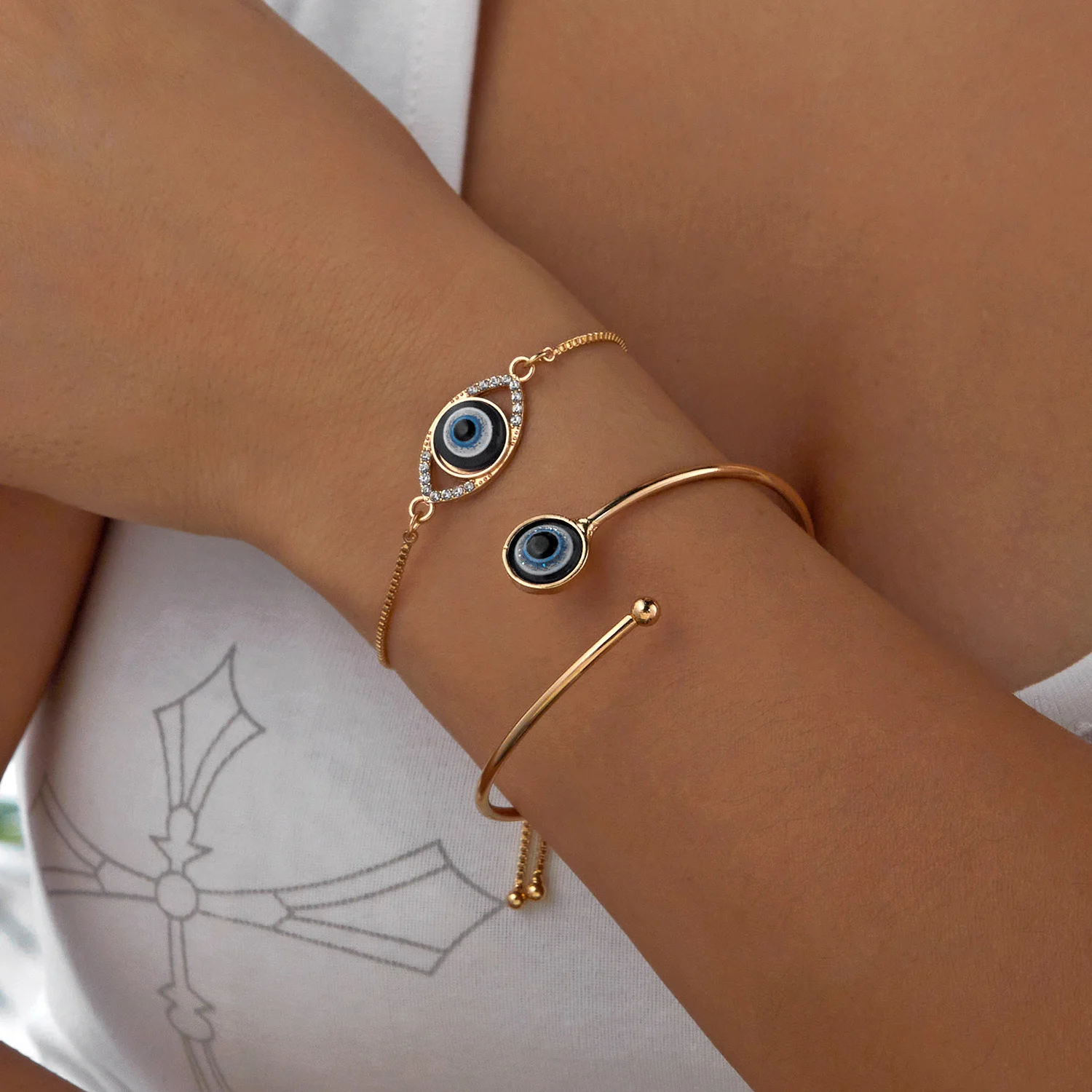 Bohemian Cubic Zirconia Blue Evil Eye Bracelet Set Women's Vintage Ethnic Style Resin Eye Bracelets Party Jewelry Gifts