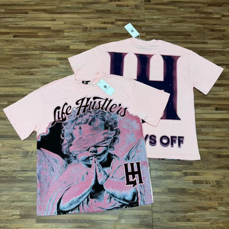 Europa Amerika Streetwear Life Hustlers T-Shirt Hochwertiges Hip-Hop-Bulldoggenmuster Strass-Kurzarmshirt für Männer und Frauen – Detail 4