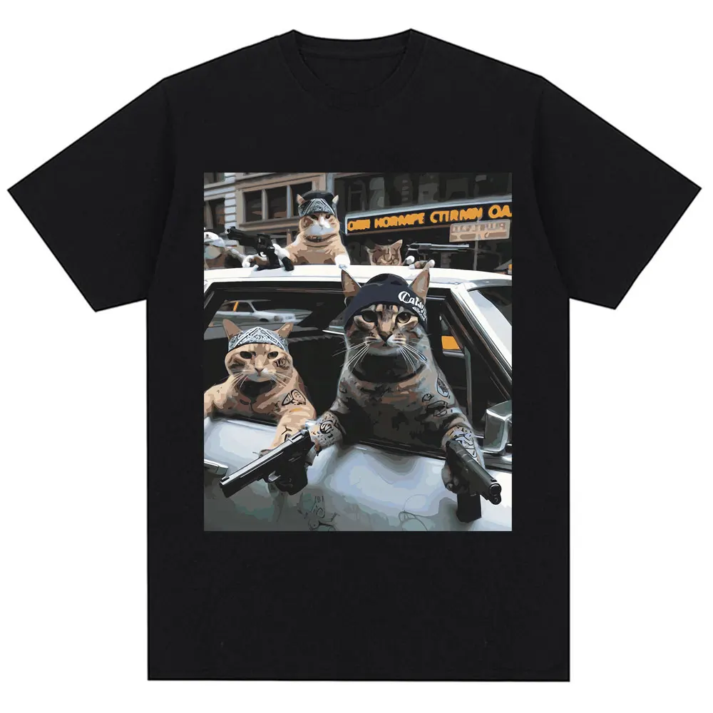 Funny Cat Gang Meme Graphic T Shirt Vintage Novelty Trend Men Women Short Sleeve Oversized Cotton Casual Tee Shirts Streetwear