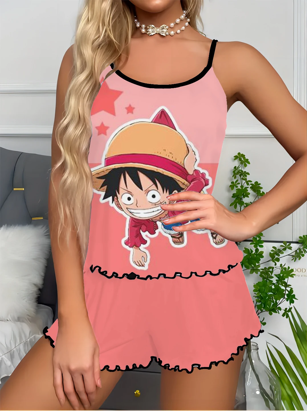 

One Piece Luffy girls suspender tops and shorts, night sleep clothes, summer new women's casual satin pajamas suits