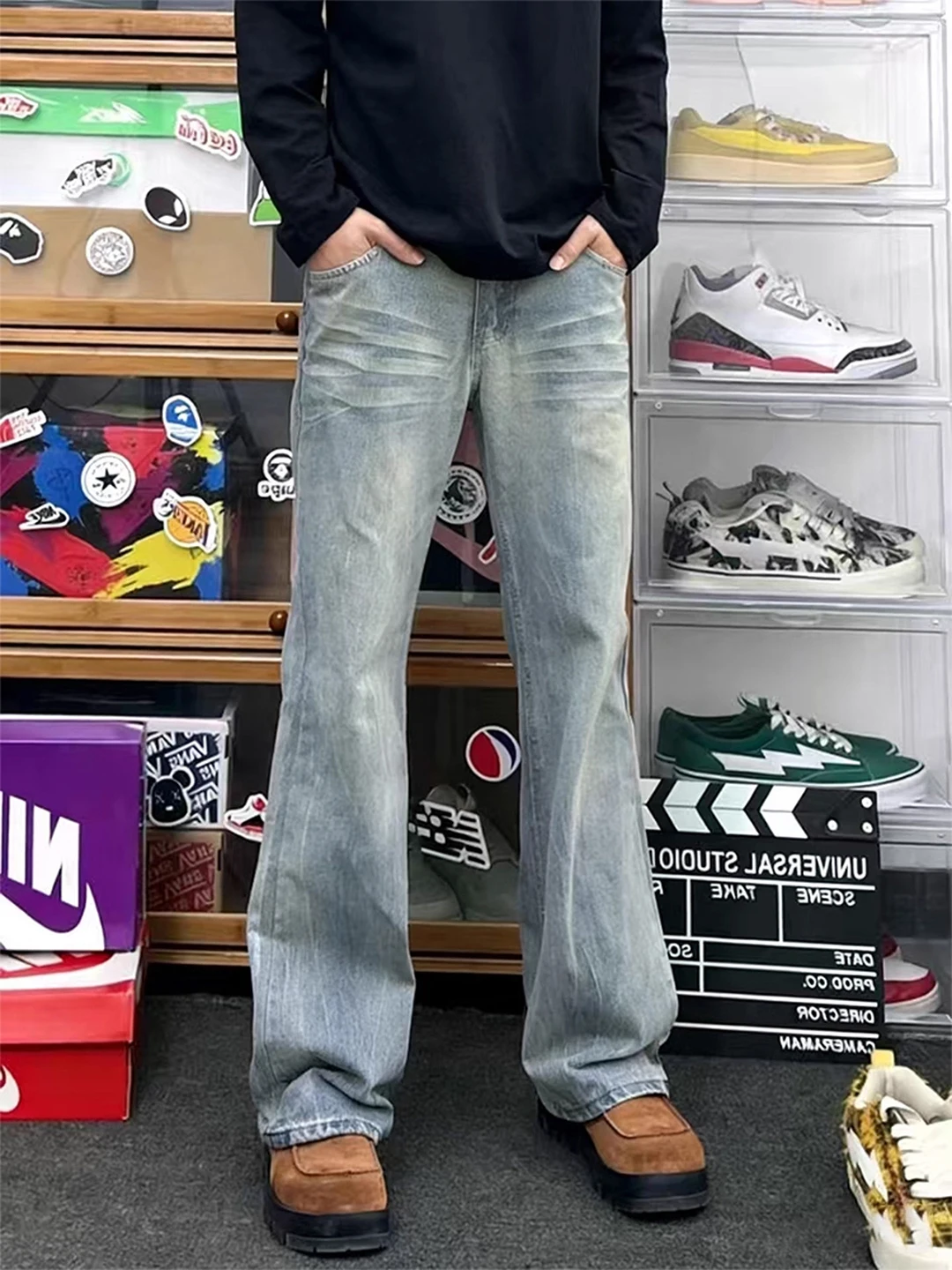 

Retro Blue Lightning Patterned Thiened Fce Lined Bell Bot Straight Leg Men's Jeans for Autumn Winter High Rise Vibe P...