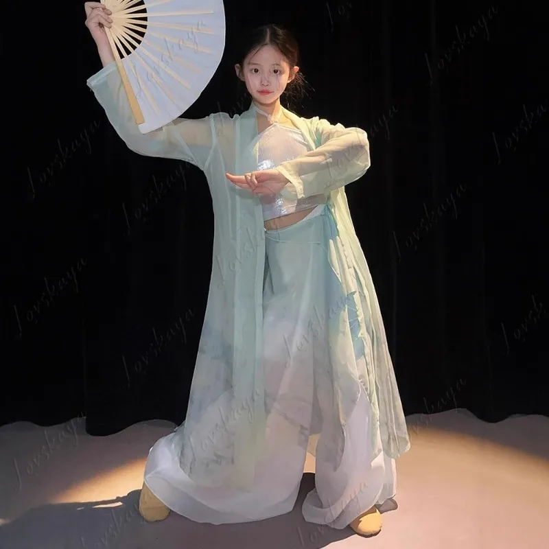子供用古典舞踊衣装、妖精チーの体韻ガーゼ服、女の子の中国風エレガントな扇子舞練習衣装