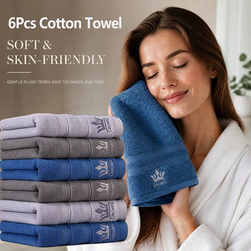 6Pcs Cotton Towel Set 35x75cm Embroidered Pattern Face Towel Absorbent Wash Cloth Soft Skin-Friendly Hand Towels for Home, Hotel