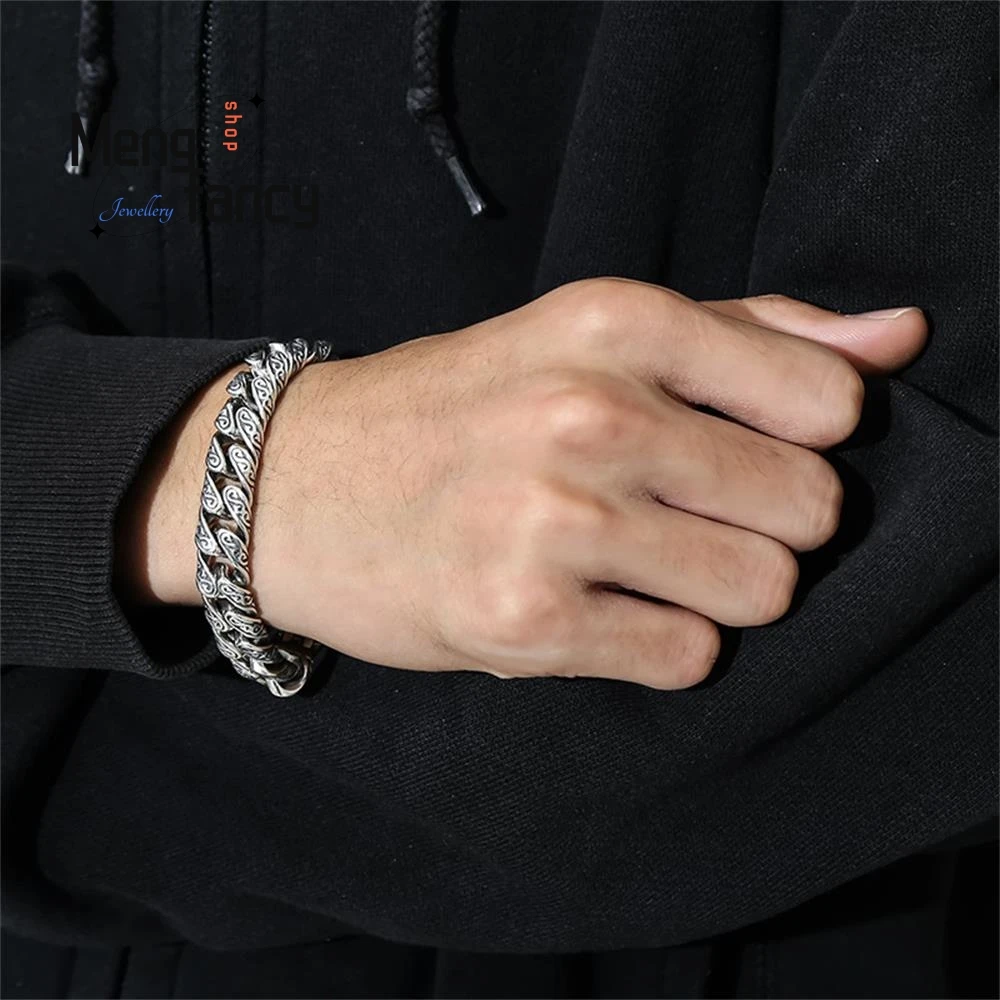 Personalized Tang Grass Pattern Silver-plated Bracelet Men's Thick Hip-hop Street Hipster Fashion Ethnic Style Fashion Jewelry