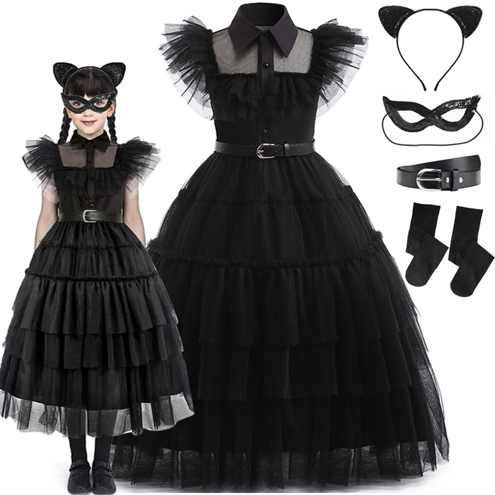 Halloween Carnival Vestidos Wednesday Addams Cosplay Costume For Girl Teenage Kids Mesh Party Evening Long Dresses 5 10 12 Yrs