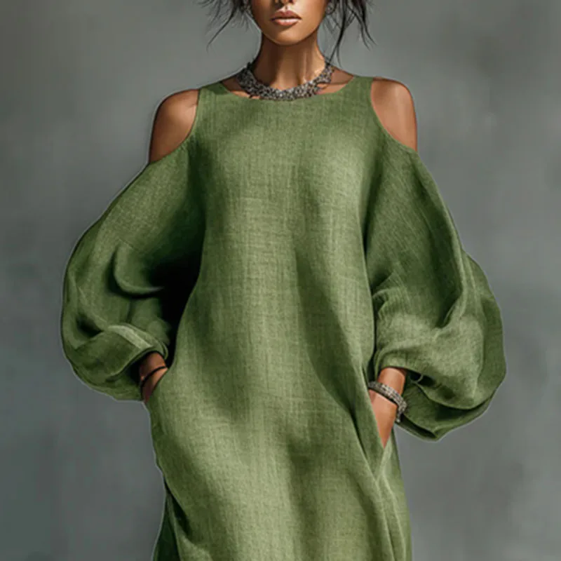 Bohemian Woman Dresses Vacation Sexy Cold Shoulder Lantern Long Sleeve Maxi Dress 2026 Spring Casual O Neck Solid Pullover Dress - Image 3
