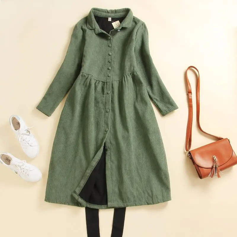 2022 Winter Women Trench Fleece Long-sleeved Loose Corduroy Solid Color Vintage Fashion Casual Women Long Warm Coat