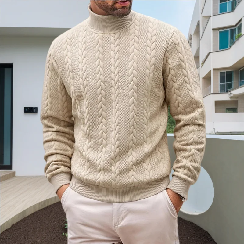 เสื้อสเวตเตอร์ผู้ชายสไตล์ใหม่ประจำฤดูใบไม้ร่วง-ฤดูหนาว ปี 2025 สีพื้นเรียบง่าย สไตล์ลำลอง คอเต่า ลายแจ็คการ์ด แฟชั่นย้อนยุค อุ่นสบาย