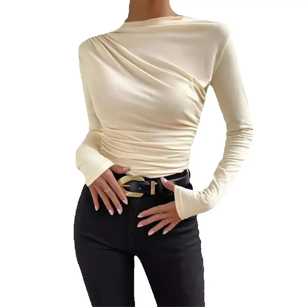 Women Long Sleeve T Shirt Slim Fit Pullover Skew Neck Pleated Polyester Spandex Knit Y2K Streetwear Autumn Black White Top