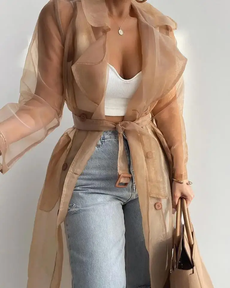 

2022 Women Fashion Sheer Mesh Long Sleeve Coat Lace Up Buttoned Coat with Belt Elegant Shirts Elegant Cape Coat Streetwear